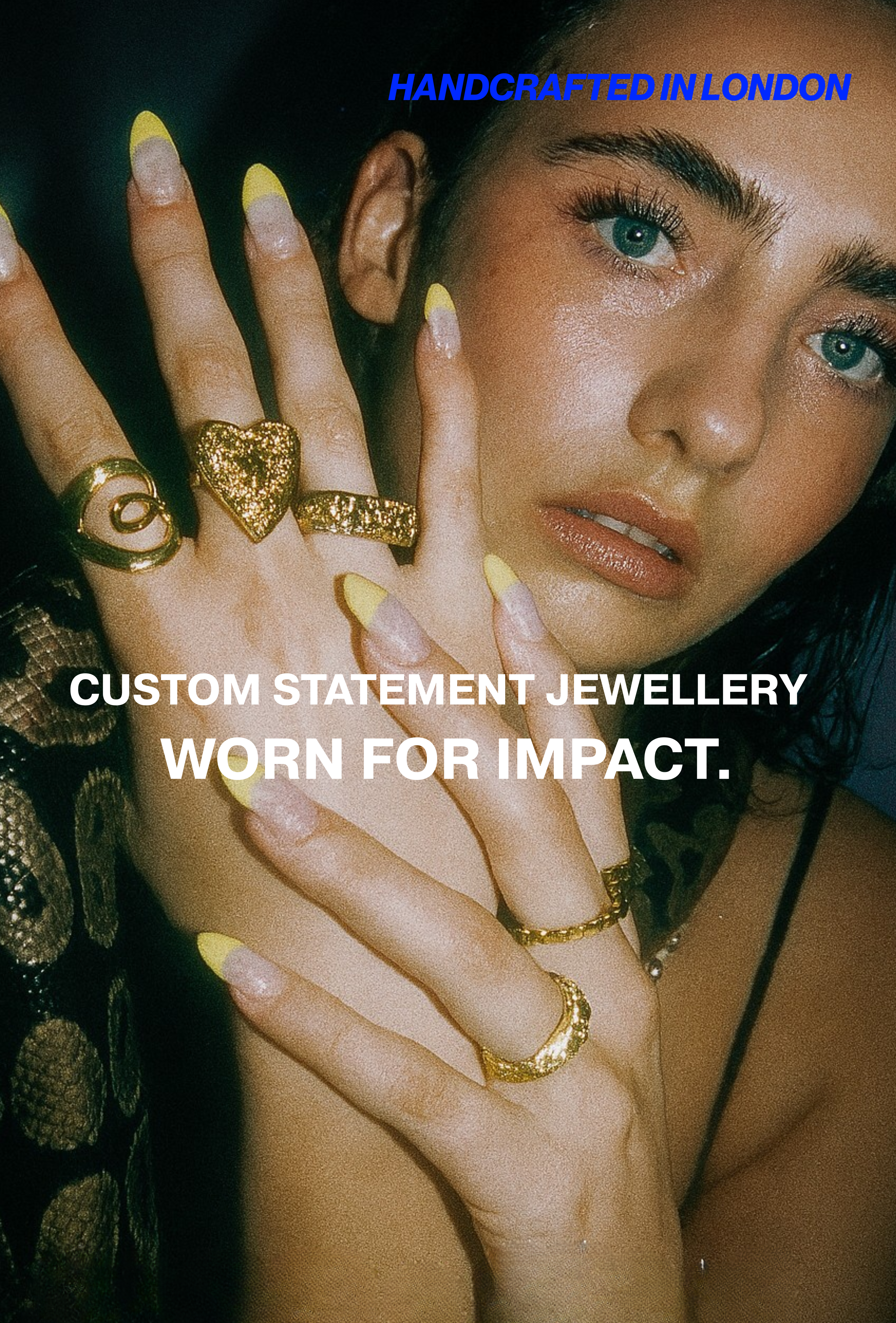 Woman wearing gold jewelry with text about custom statement jewelry worn for impact.
