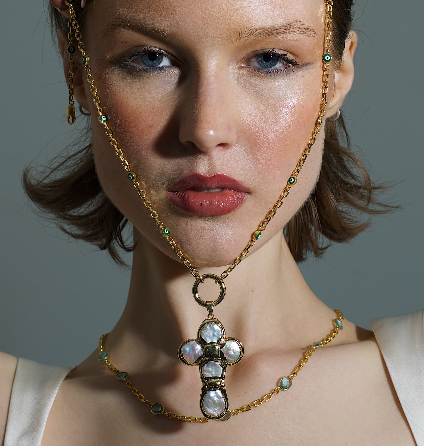 Molten Gold Evil Eye & Pearl Cross Necklace