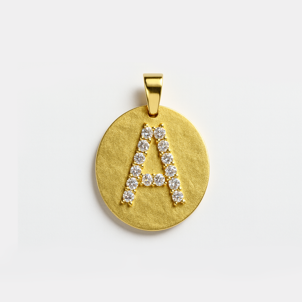 Gold Diamond Initial Medallion Coin Pendant