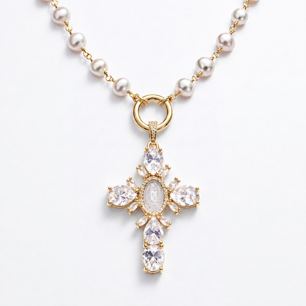 HALO Pearl Cross Necklace - gold