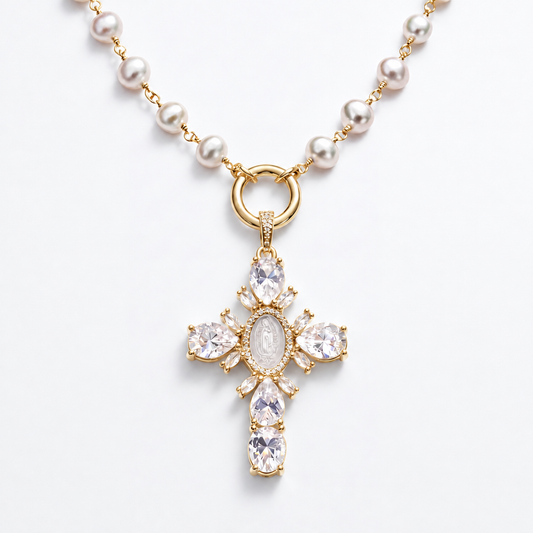 HALO Pearl Cross Necklace - gold