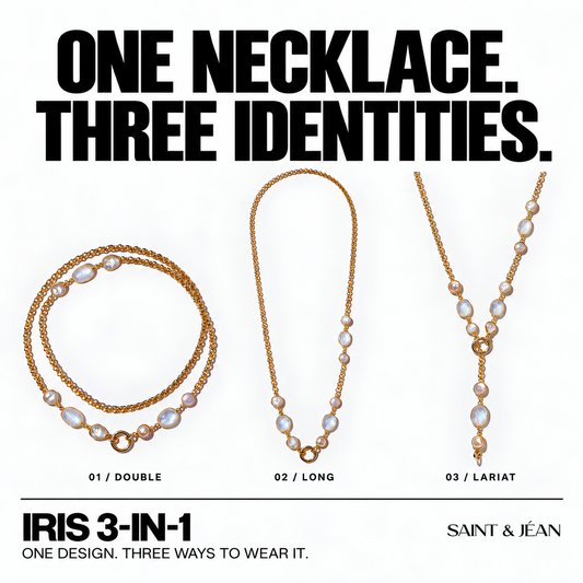 Promotional graphic for the Saint & Jean Iris 3-in-1 necklace set, showing three gold-tone pearl necklaces labeled 01 Double, 02 Long, and 03 Lariat under the headline 'ONE NECKLACE. THREE IDENTITIES.