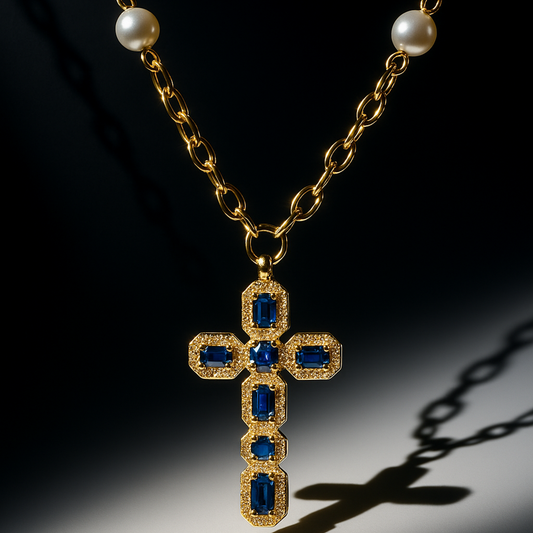 Pearl Blue Gemstone Cross Necklace