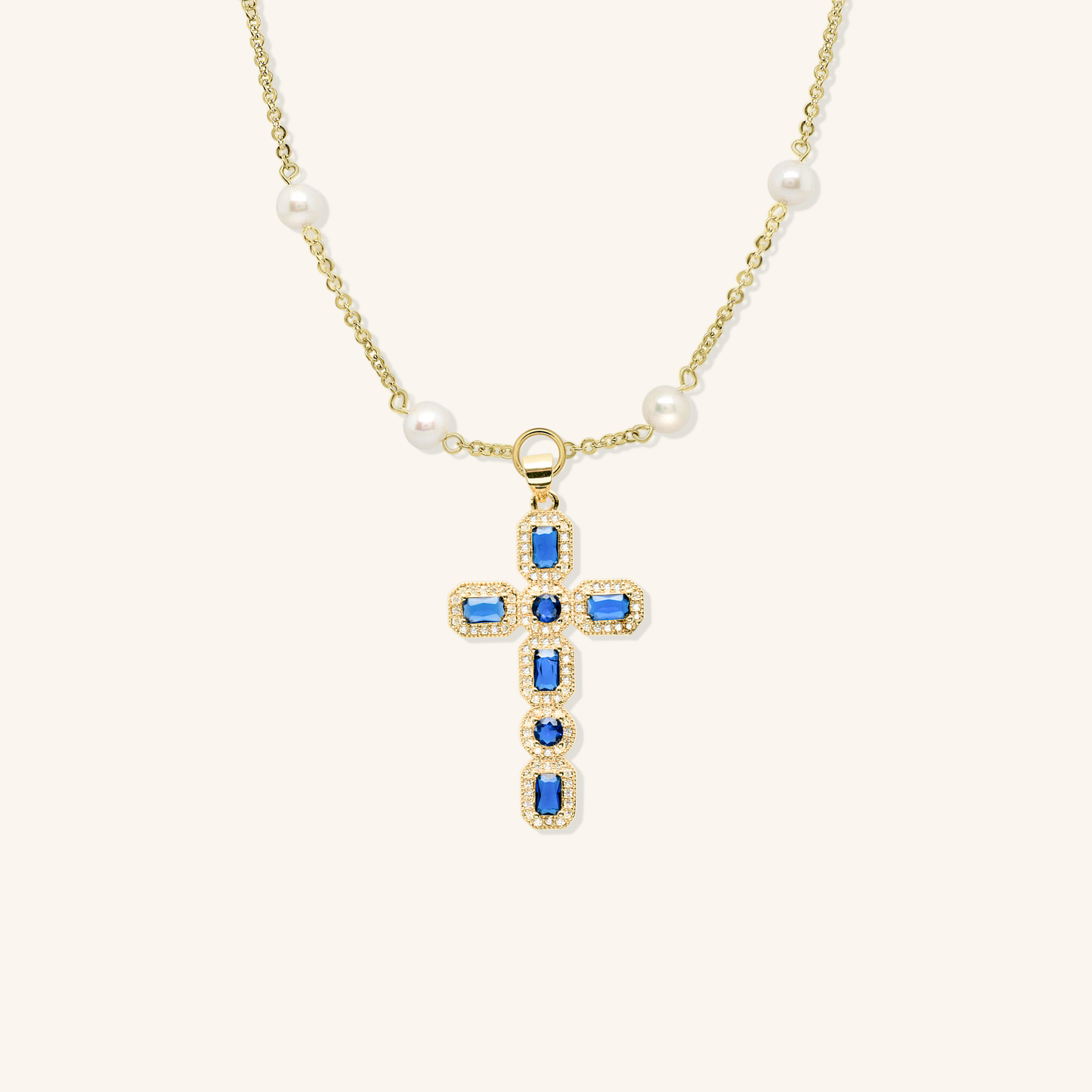 Pearl and Gold Blue Gemstone Cross Necklace