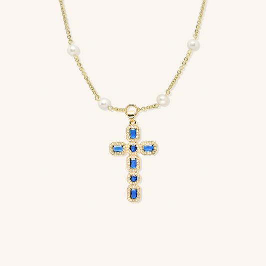 Pearl and Gold Blue Gemstone Cross Necklace