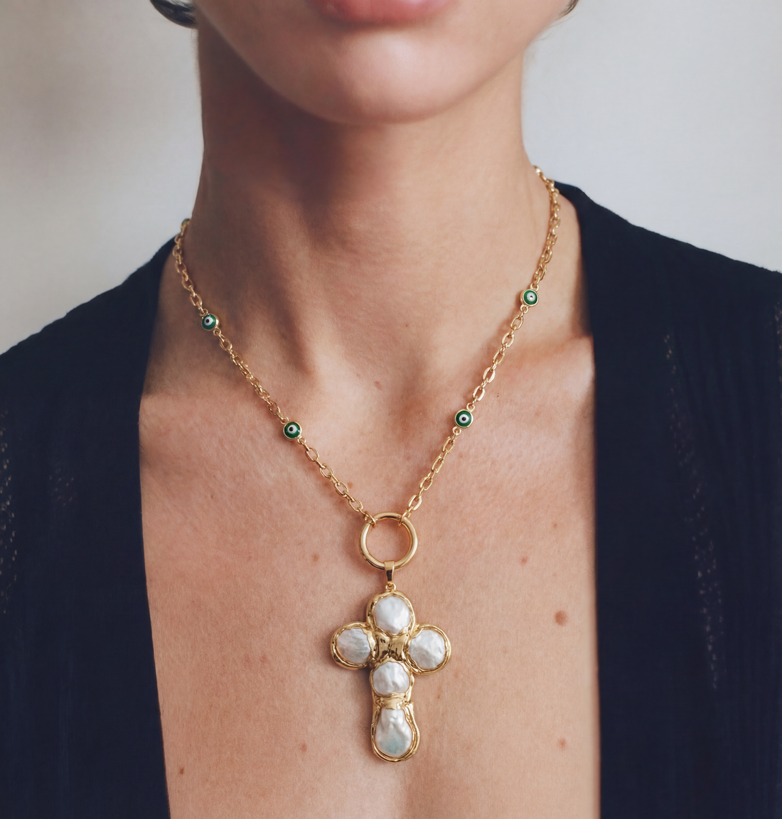 Molten Gold Evil Eye & Pearl Cross Necklace