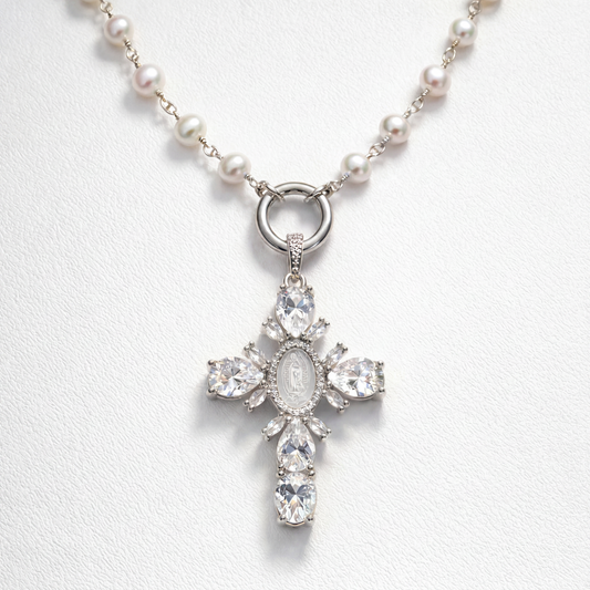 Silver Pearl Cross Necklace