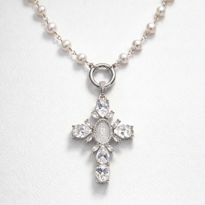 Silver Pearl Cross Necklace