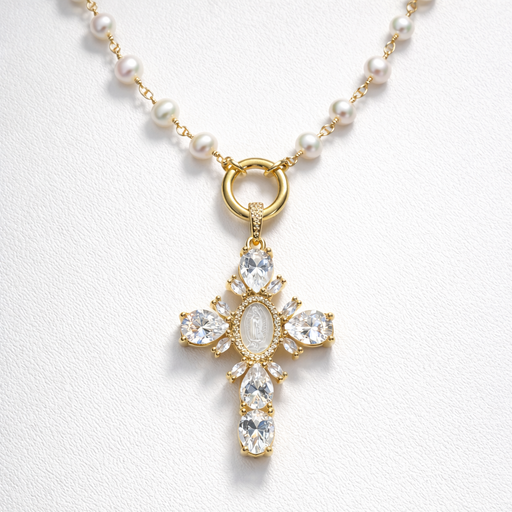 Gold Pearl Cross Necklace