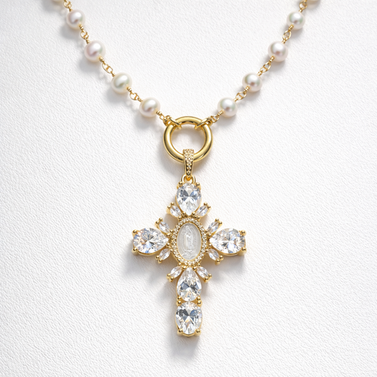 Gold Pearl Cross Necklace