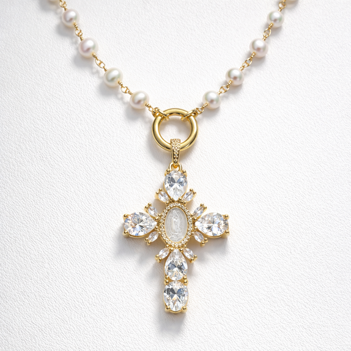 Gold Pearl Cross Necklace