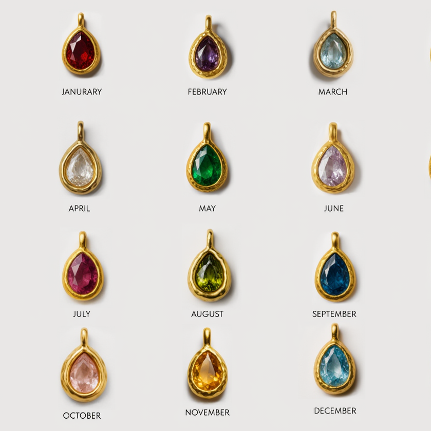 Jewelry with gemstones for each month of the year on a light background