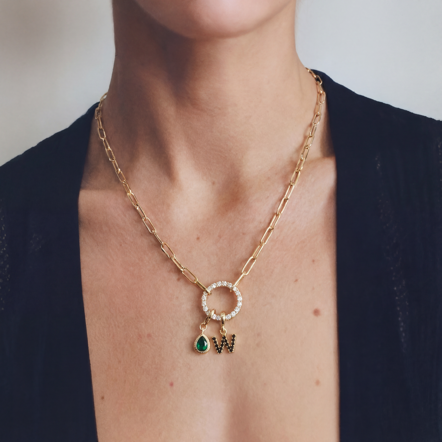 Gold Paperclip Initial Birthstone Necklace