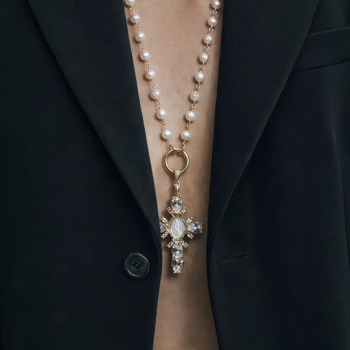 Gold Pearl Cross Necklace