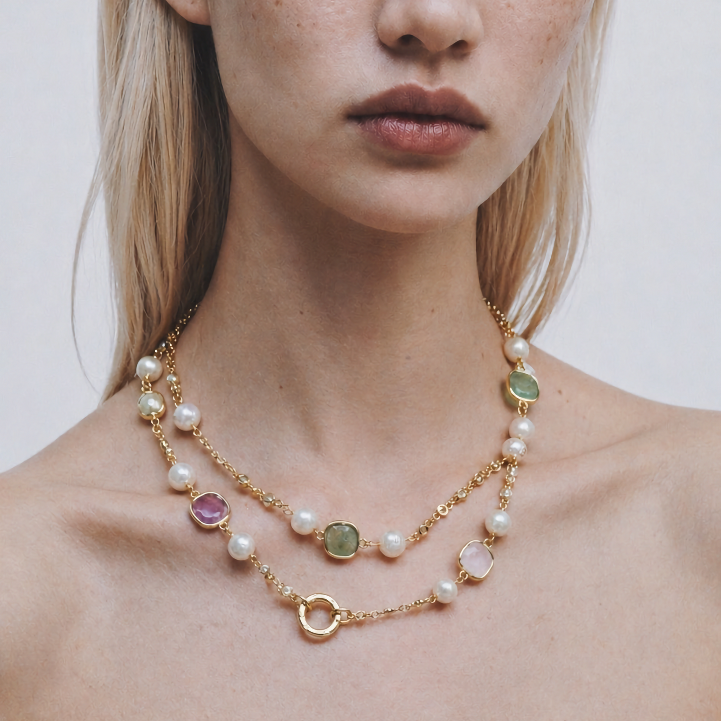 A close-up of a model wearing a delicate gold double-strand necklace with white pearls and small oval gemstone accents in green, pink, and purple, set against a plain light gray background.