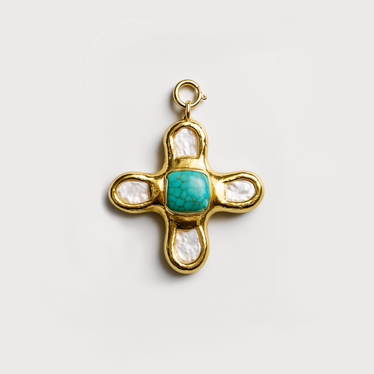 Molten Gold Turquoise Cross Pearl Pendant