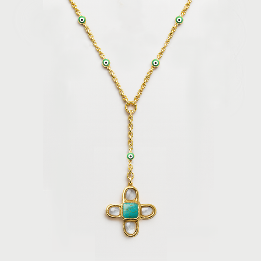 Gold necklace with a turquoise pendant on a white background