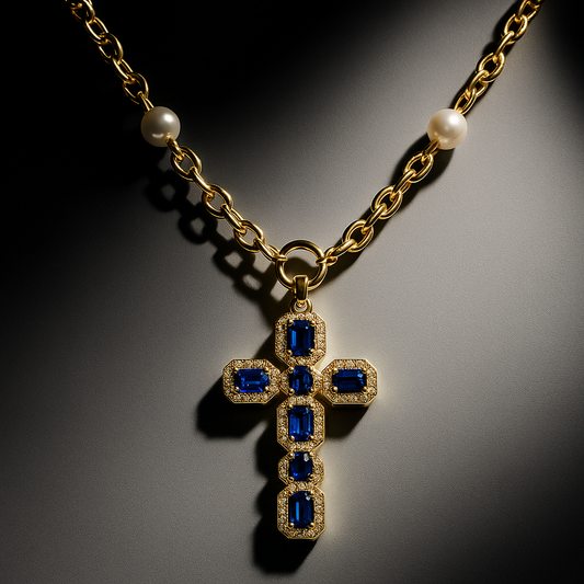 Pearl Blue Gemstone Cross Necklace