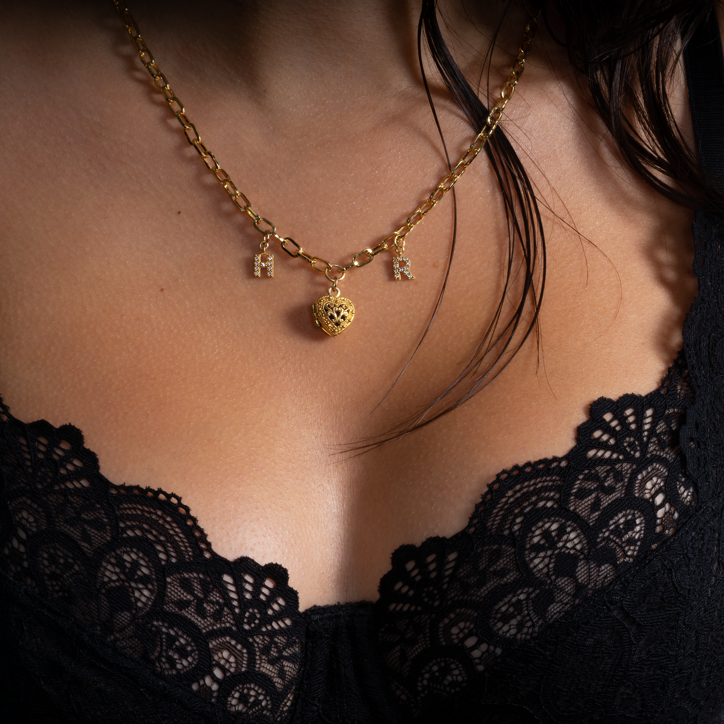 2 initial gold heart double-sided perfume necklace