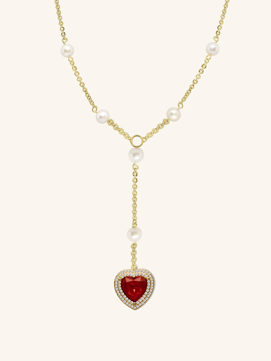 Freshwater Pearl Ruby Heart Rosary Necklace