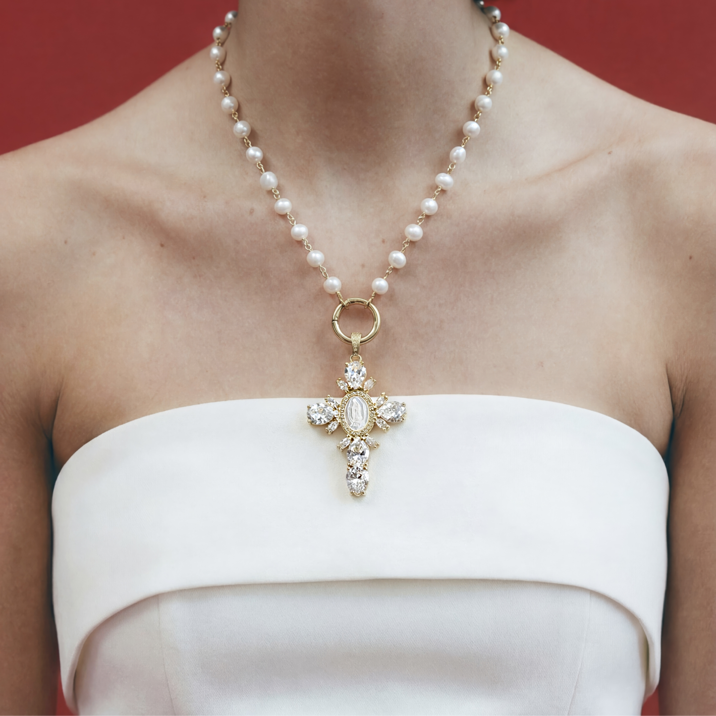 Gold Pearl Cross Necklace