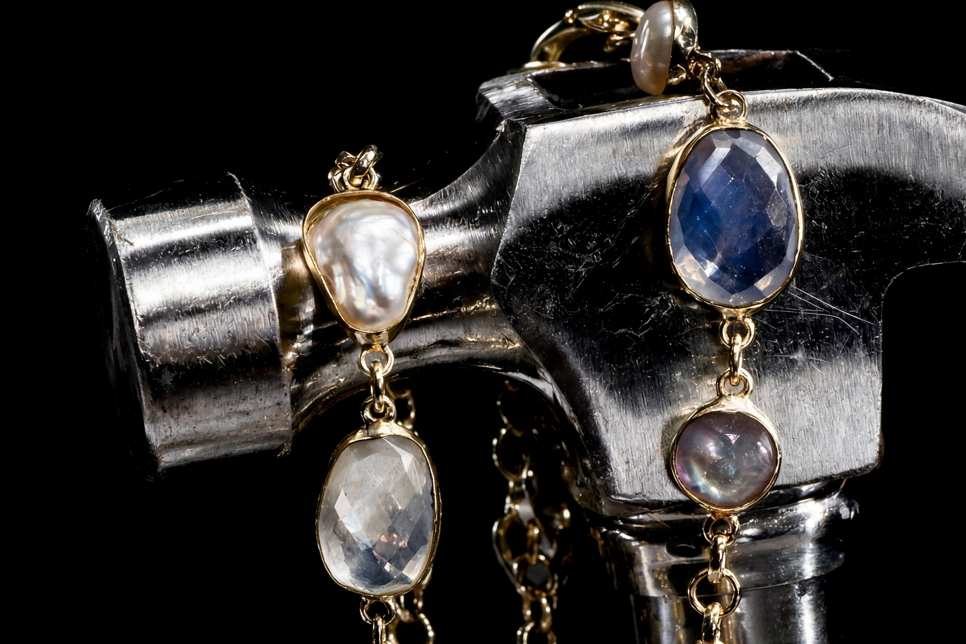 Pair of earrings with gemstones on a metal stand against a black background