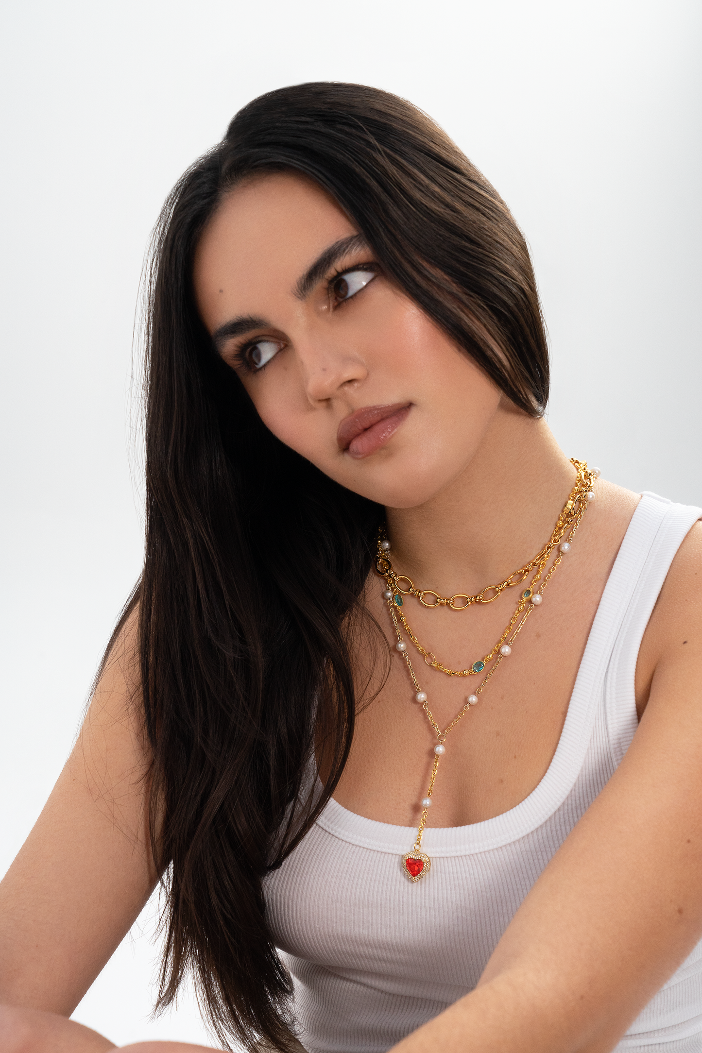 Aqua Gemstone Chain,  Axel chunky gold chain  and Jade Pearl Lariat Necklace Layering set