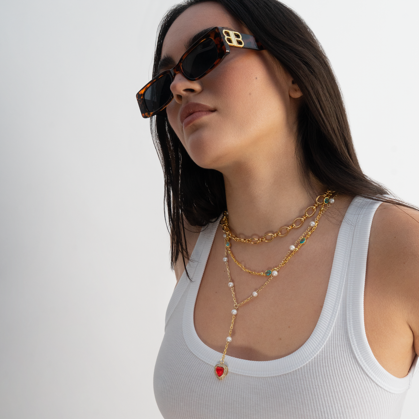 Aqua Gemstone Chain,  Axel chunky gold chain  and Jade Pearl Lariat Necklace Layering set