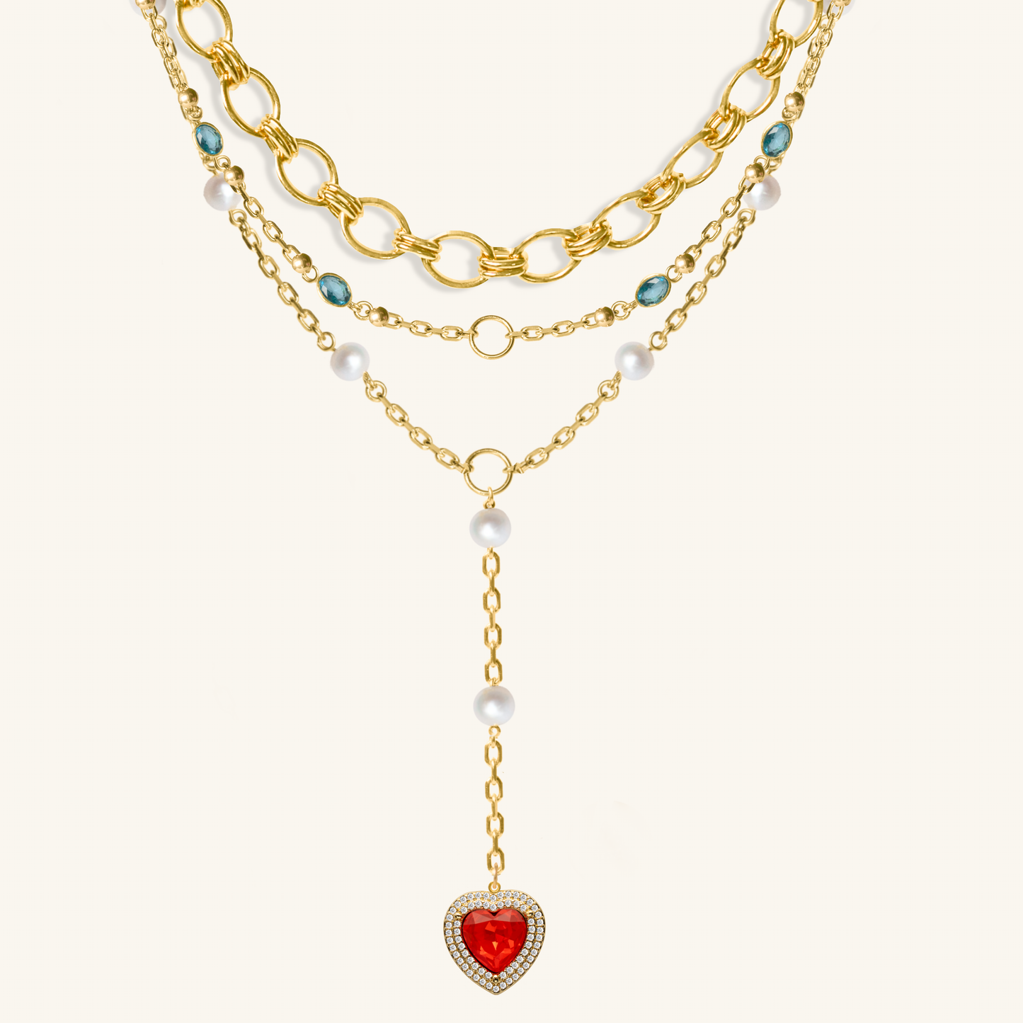 Aqua Gemstone Chain,  Axel chunky gold chain  and Jade Pearl Lariat Necklace Layering set