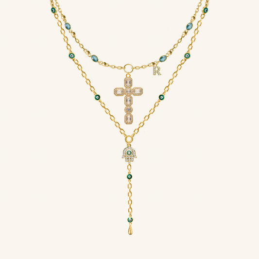 Gia Initial cross necklace and Santorini lariat necklace layering set