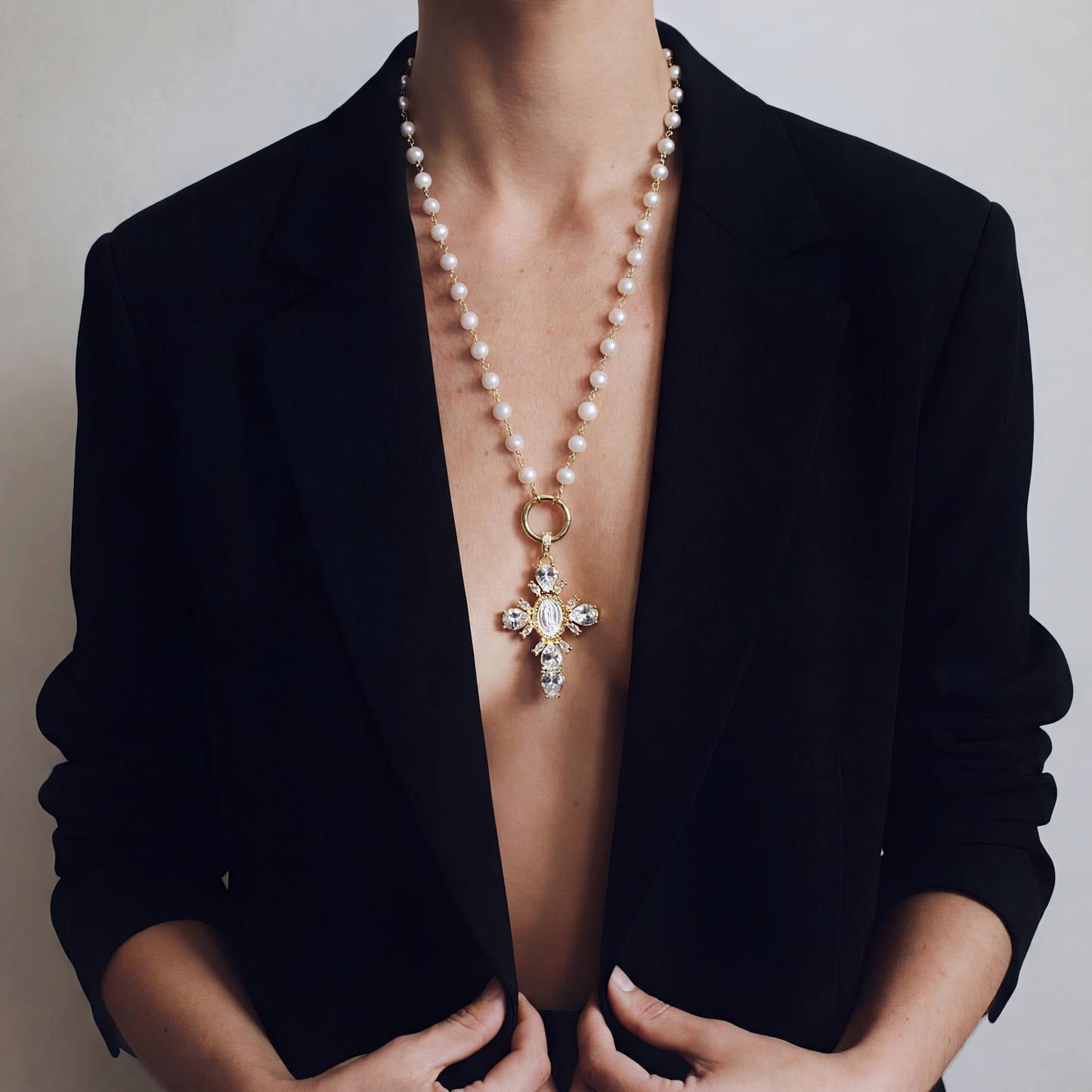 Gold Pearl Cross Necklace
