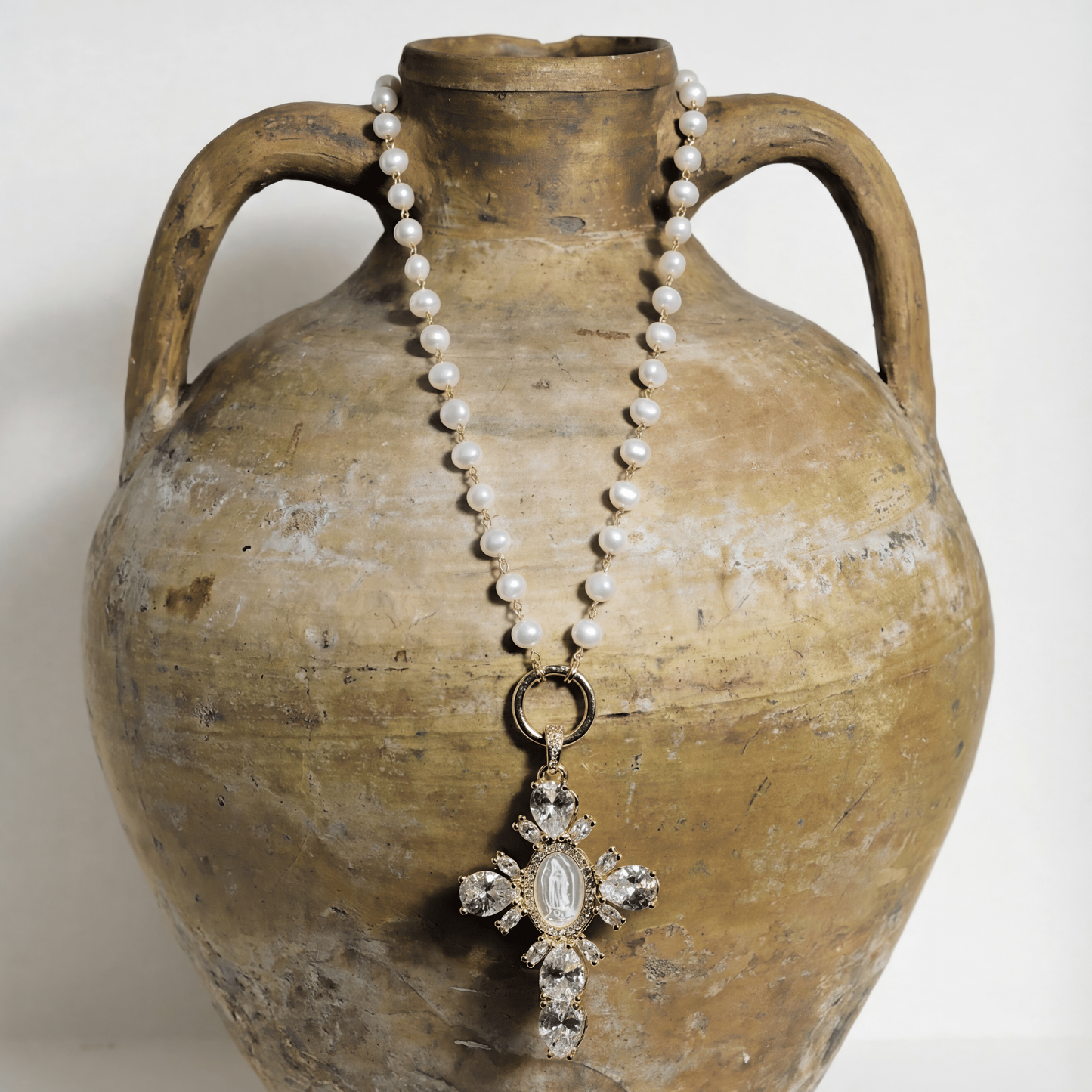 Gold Pearl Cross Necklace