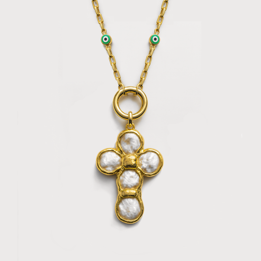 Molten Gold Evil Eye & Pearl Cross Necklace