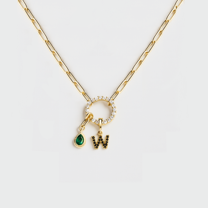 Gold Paperclip Initial Birthstone Necklace