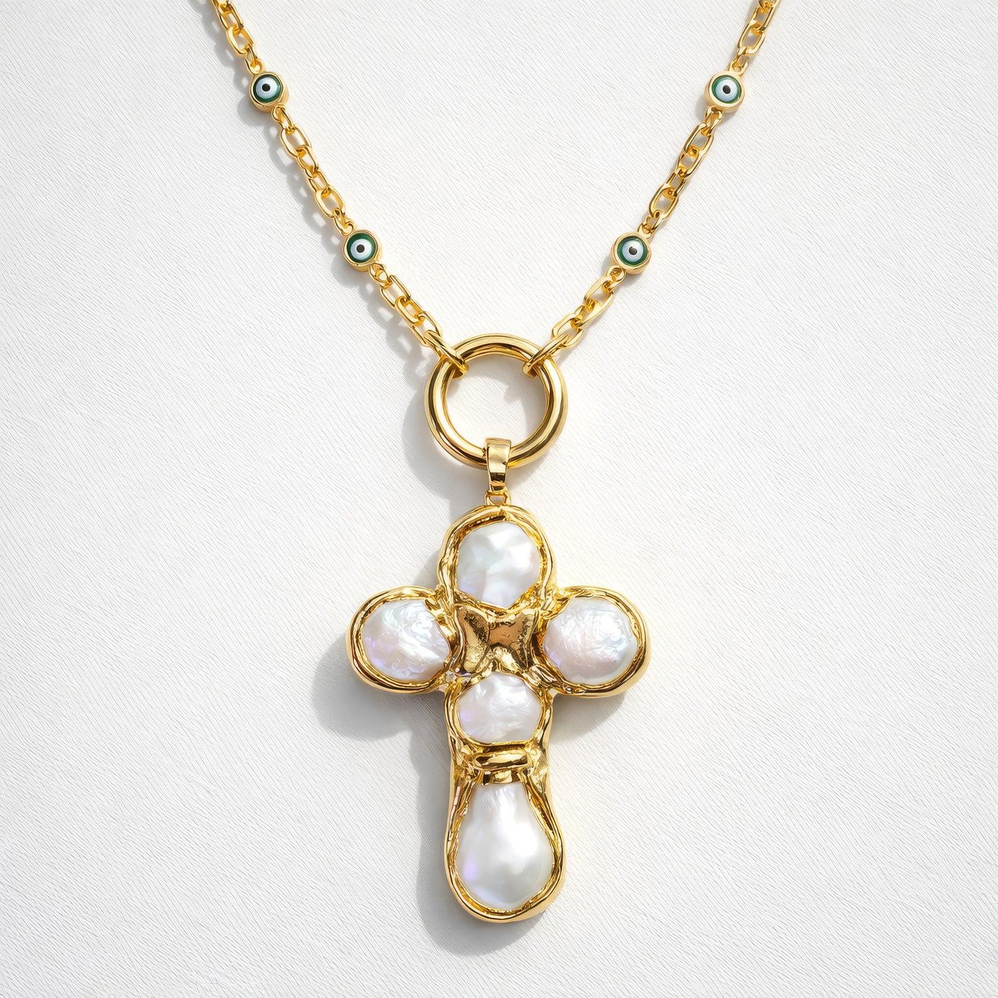Molten Gold Evil Eye & Pearl Cross Necklace